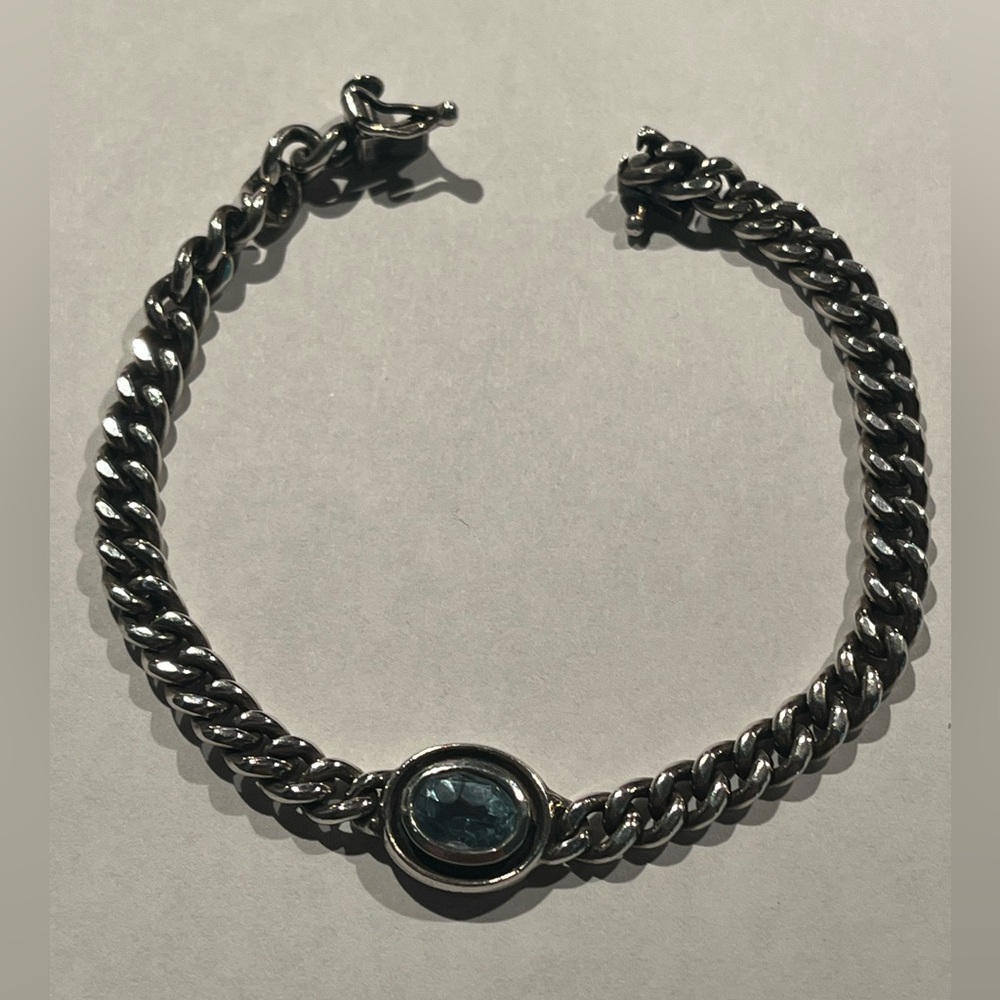 Sterling Silver Chain Bracelet with Blue Topaz Stone - 7.5 inches long